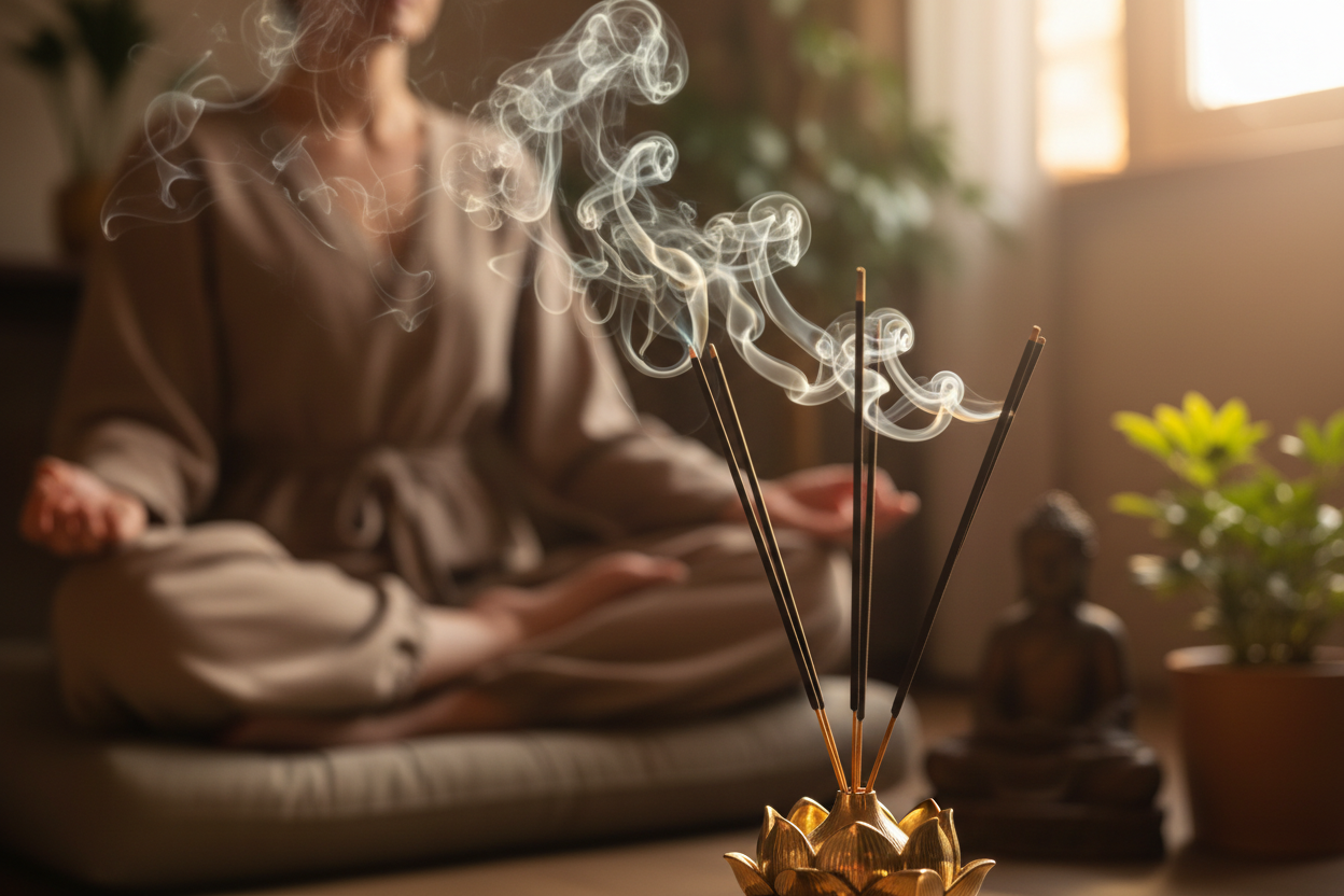 calm, someone meditating with incense burning but more focus on incense